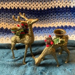 Set of Two Winter Holiday Reindeer Candlestick Holders